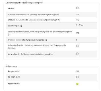 Software-Einstellungsmenü Leistungsreduktion bei Überspannung
