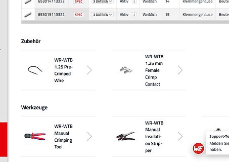 Webseite mit Zubehör und Werkzeugen für WR-WTB Kontakte