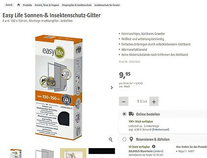 Produktseite eines Sonnen- und Insektenschutzes
