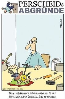Comic von verzweifeltem Mann vor Werkzeug und Essen