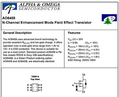 Datenblatt Ausschnitt AO6408 N-Channel MOSFET