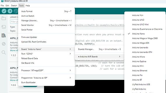 Arduino IDE Menü zur Boardauswahl