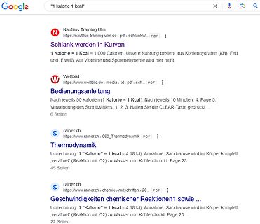 Google Suchergebnisse zu 1 Kalorie 1 kcal