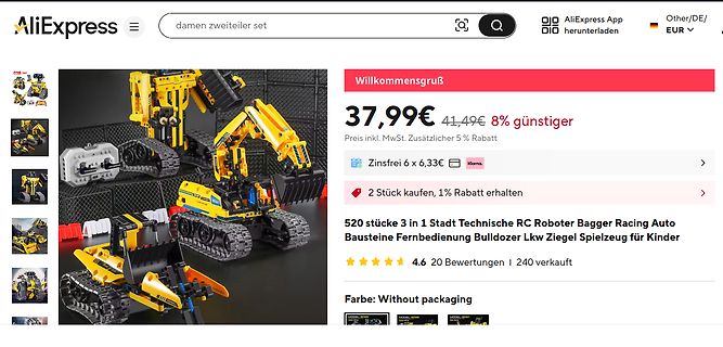 AliExpress Produktseite für ferngesteuerten Bagger