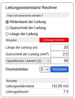 Online-Rechner für Leitungswiderstand