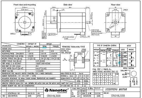 Technische Zeichnung und Datenblatt eines Schrittmotors