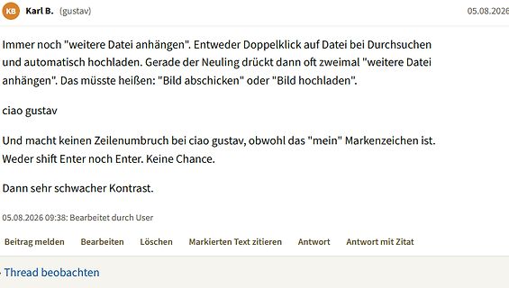 Screenshot eines Forenbeitrags mit Feedback zur Benutzeroberfläche