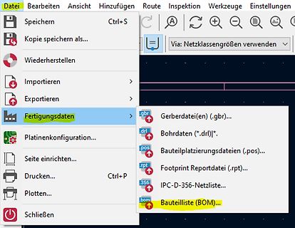 Menüauswahl Fertigungsdaten in einer PCB-Design-Software