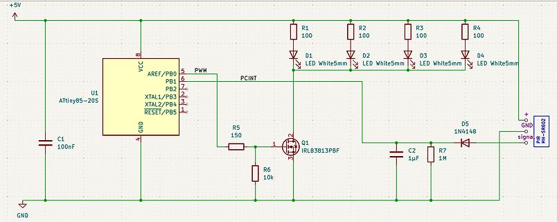 Schaltplan mit ATtiny85, LEDs und PIR-Sensor