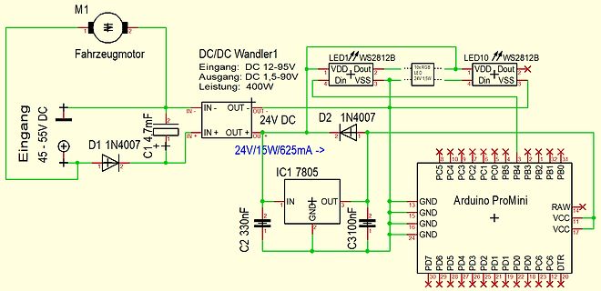 Schaltplan mit Fahrzeugmotor, DC/DC-Wandler, LEDs und Arduino ProMini