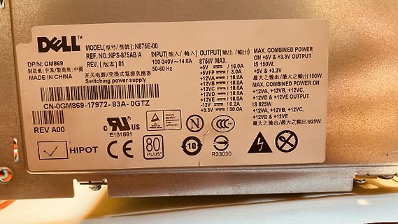 Typenschild eines Dell Netzteils