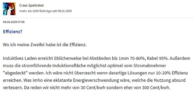 Forenbeitrag über Effizienz von induktivem Laden