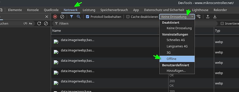 Browser DevTools Netzwerk-Drosselung Menü