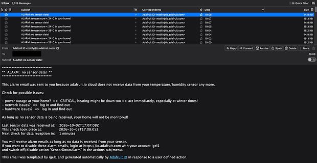E-Mail-Posteingang mit Alarmmeldungen von Adafruit IO