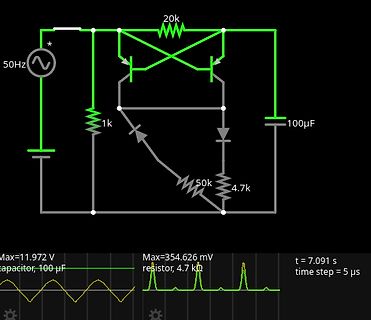 Simulation eines Gleichrichters mit Schaltung und Oszilloskop-Kurven