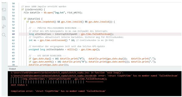 Programmcode und Compiler-Fehlermeldung in Arduino IDE