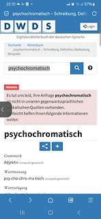 Screenshot der DWDS-Website zur Suche nach psychochromatisch