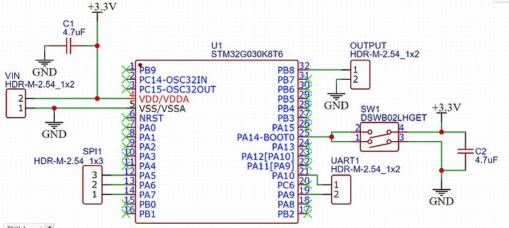 Schaltplan eines STM32G030K8T6 Mikrocontrollers