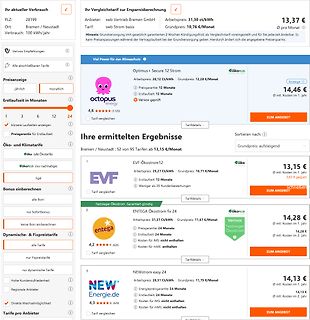 Vergleich von Stromtarifen auf einer Website