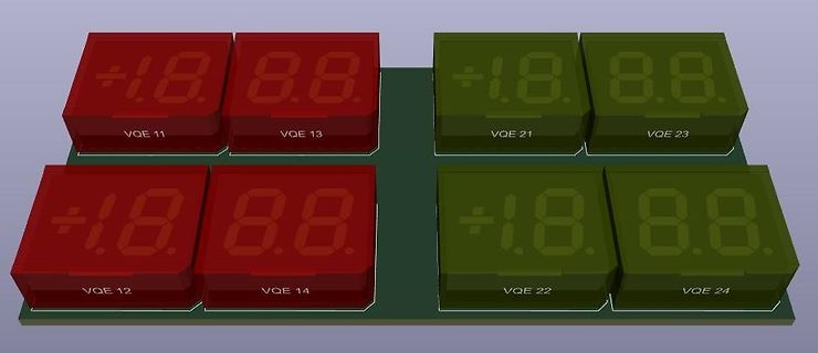 3D-CAD-Modell von acht 7-Segment-Anzeigen auf einer Platine