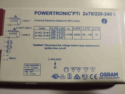 Typenschild eines OSRAM Powertronic PTI Vorschaltgeräts