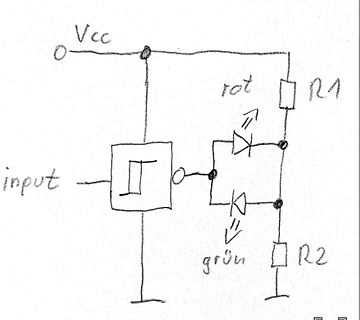 Handgezeichneter Schaltplan mit Komparator und LEDs