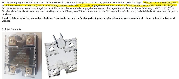 SSR-Relais mit Berührschutz und Text zur Auslegung