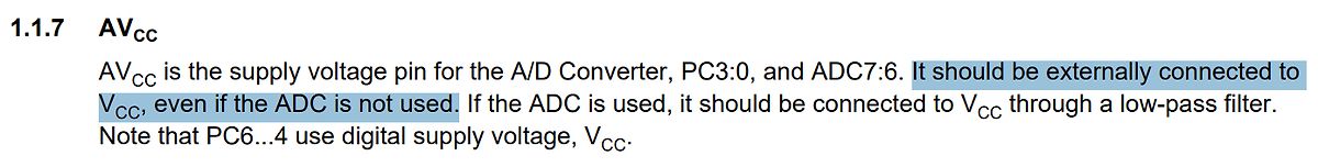Textausschnitt aus einem Datenblatt zur AVcc-Versorgung