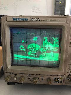 Abfotografiertes Tektronix Oszilloskop mit Spongebob-Motiv auf dem Schirm