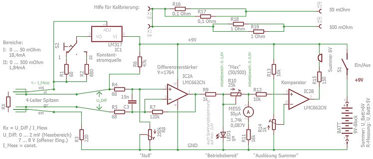 Schaltplan einer Messschaltung mit Differenzverstärker und Komparator