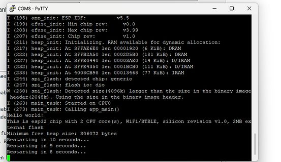 PuTTY Terminal Ausgabe ESP-IDF Bootvorgang