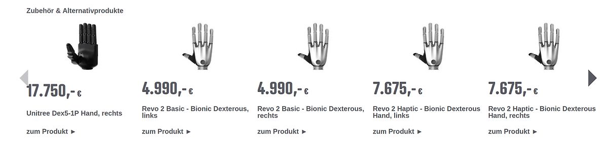 Webseite mit Zubehör und Alternativprodukten für bionische Hände