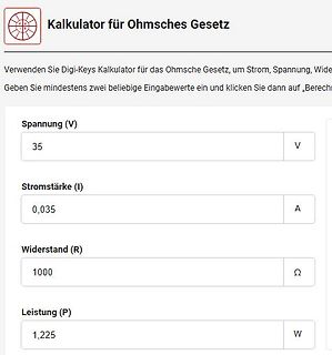 Screenshot eines Ohmschen-Gesetz-Kalkulators