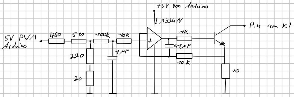 Handgezeichneter Schaltplan mit Operationsverstärker und Transistor