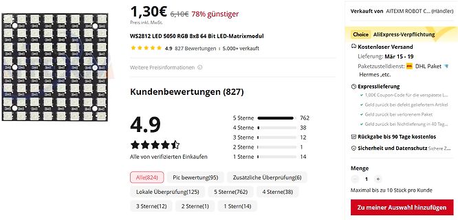 AliExpress Produktseite WS2812 LED Matrixmodul