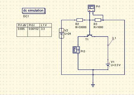 Schaltplan einer DC-Simulation mit Transistor