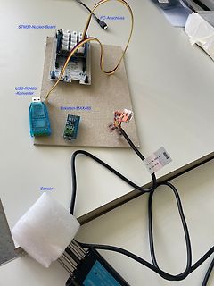 Elektronik-Aufbau mit STM32 Nucleo, RS485-Konverter und Sensor