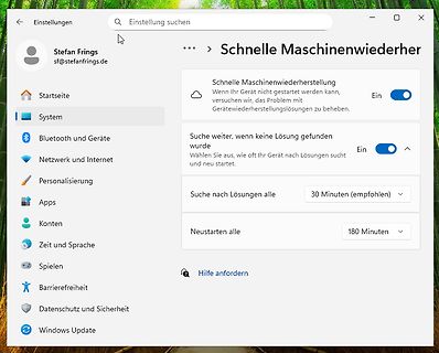 Windows Einstellungen Menü Schnelle Maschinenwiederherstellung