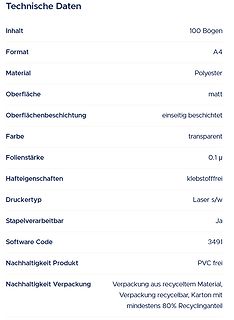 Technische Daten eines Produkts