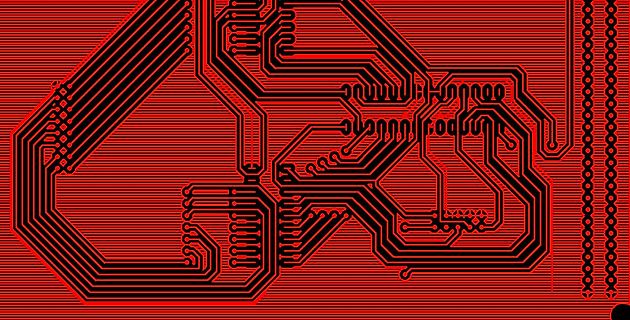 Abstraktes Leiterplatten-Layout in Rot und Schwarz