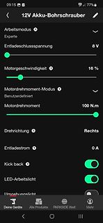App-Interface für 12V Akku-Bohrschrauber Einstellungen