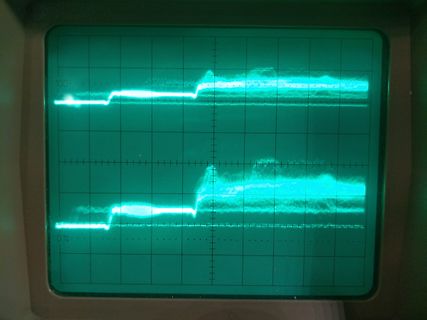 Abfotografierter Oszilloskop-Bildschirm mit Signalverlauf