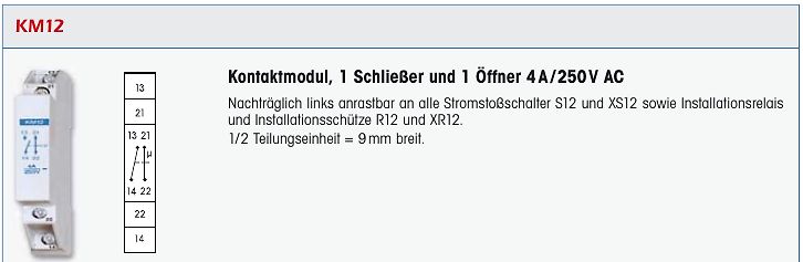 Datenblatt Ausschnitt Kontaktmodul KM12
