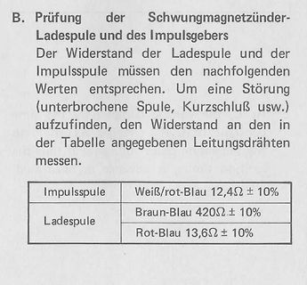 Tabelle mit Widerstandswerten für Impulsspule und Ladespule