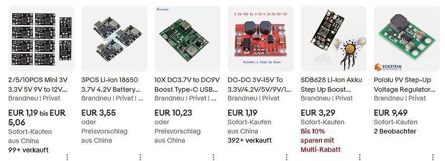 Verschiedene Spannungsregler und Akku-Module aus einem Online-Shop