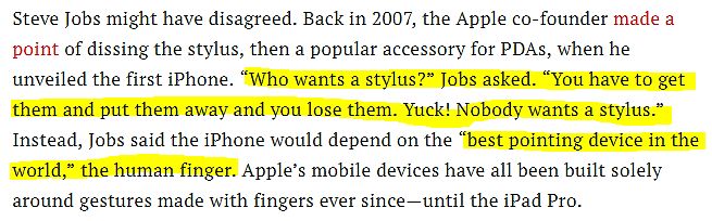 Textausschnitt über Steve Jobs und den iPhone-Stylus