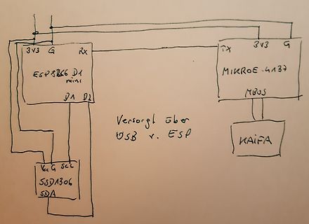 Handgezeichneter Schaltplan mit ESP8266 und MikroE Modul