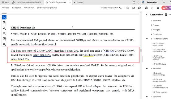 Screenshot eines Datenblatts für CH340 UART Chips