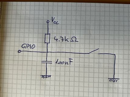 Handgezeichneter Schaltplan mit GPIO, Widerstand und Kondensator