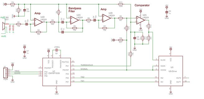 Schaltplan mit Bandpassfilter, Komparator und EM78P153S Mikrocontroller